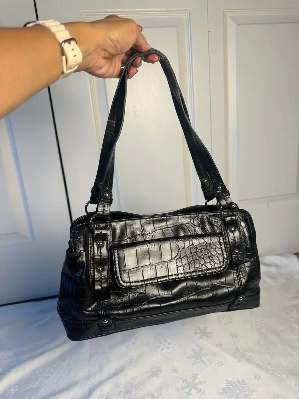 Relic Black Croc Embossed Shoulder Bag Y2K Studded Satchel Purse Goth